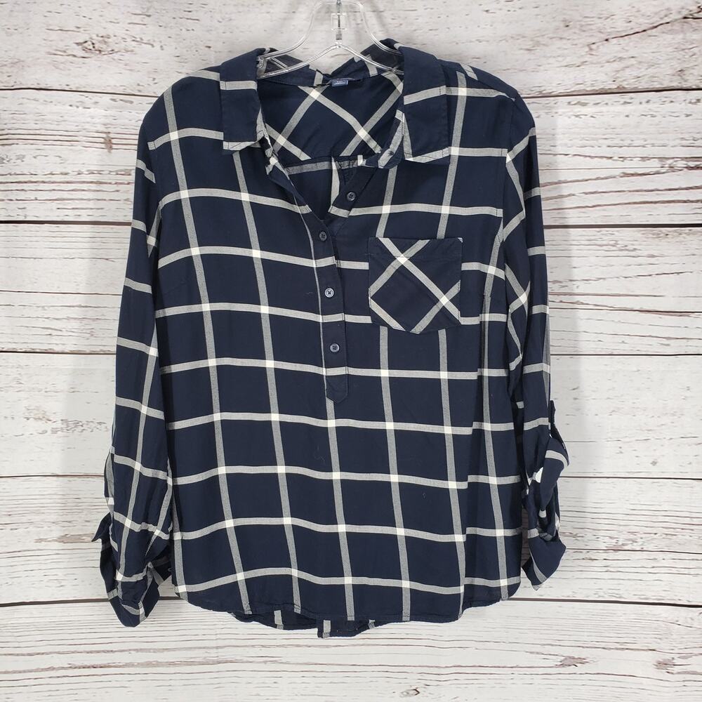 Tommy Hilfiger Women's Black Windowpane Button Up Sleeve Top Size L